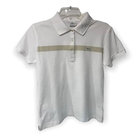 LACOSTE SLIM FIT LETTERED COLLAR SINGLE STRIPE POLO SHIRT WHITE/TAN S - Picture 1 of 13